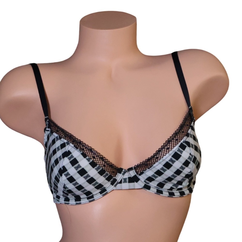 Savage X Fenty Gingham Lace Underwire Bra Black White 36C NWT